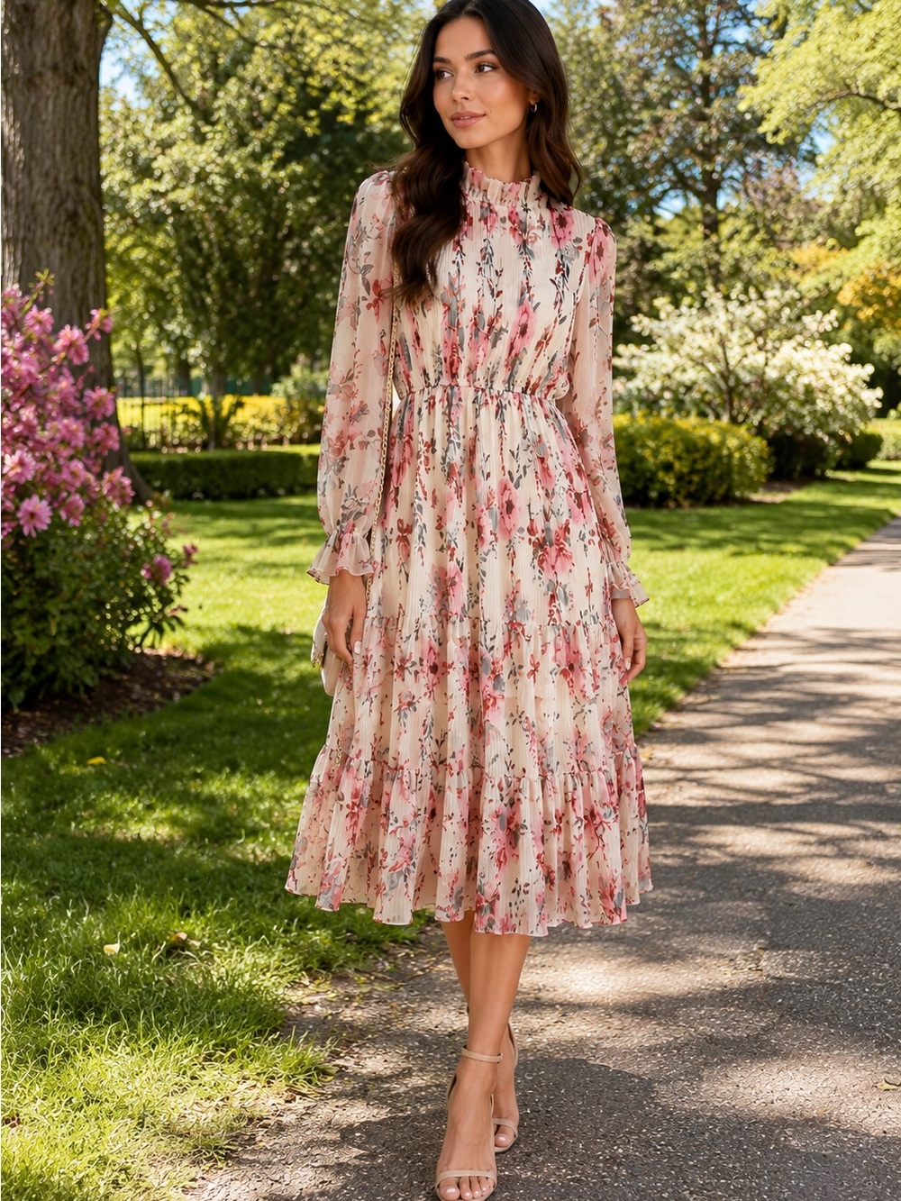 Lily Mbee Romantic Floral Midi Dress – Cottagecore Coquette Pleated Dress